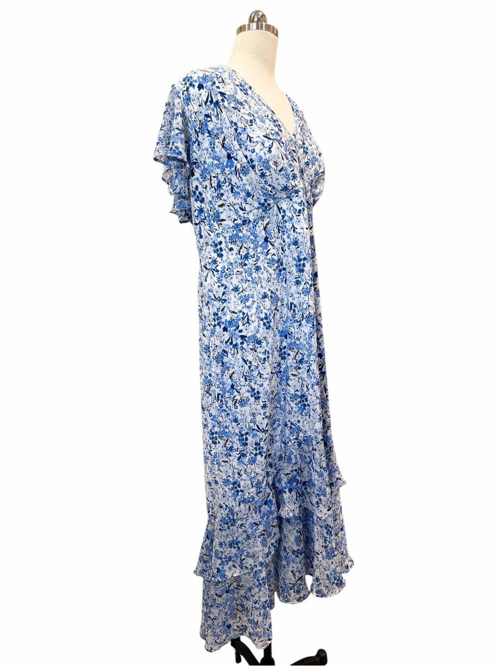 Tommy Hilfiger Floral Chiffon Hem Tiered Midi Dress Flutter Sleeve Blue 18W NWT - Picture 7 of 15